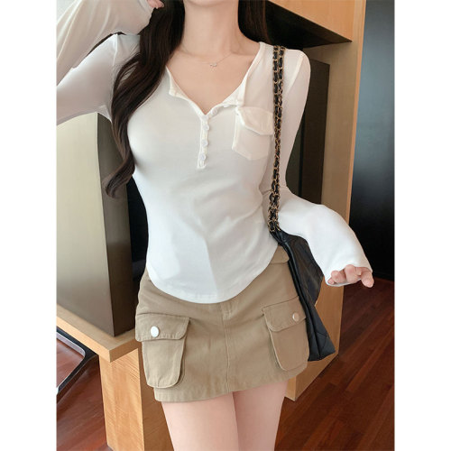 Chenling【260g 1x1 Cotton】White Design-Savvy Niche Layering Long-Sleeve T-Shirt for Fall Versatile Stylish Top