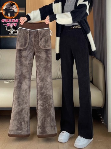 Sheepskin Fleece Pants for Women, Autumn/Winter Collection – New Chenille Wide-Leg, Slightly Flared Trousers with Padded, Fleece-Lined Design for Winter