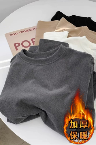 Women's Crew Neck Base Layer Top for Autumn/Winter, Regular Shoulder, Long Sleeve T-Shirt, Slimming, Fitted Waist, Slimming, Warm and Thick Outerwear