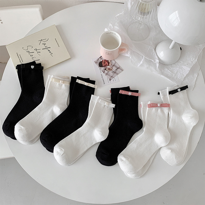French style small fragrant pearl one-word bow socks for women summer thin ballet style girl white jk pile socks