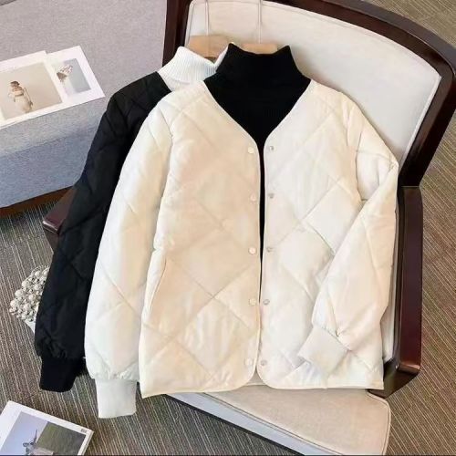 Lightweight down cotton lining women's short 2025 new Korean fashion rhombus cotton jacket with warm cotton jacket