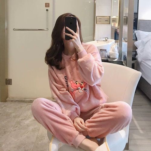 Pajamas for women in winter flannel Korean long-sleeved thickened velvet coral velvet cute autumn and winter home wear set for women