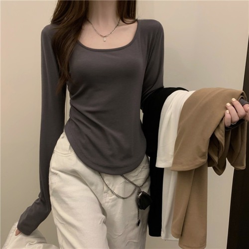 Long-sleeved T-shirt women's new autumn and winter trendy ins irregular slim student casual short top girl's bottoming shirt