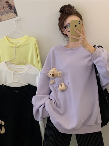 Pocket Bear Sweatshirt Women's Loose Korean Style Mid-Length Spring and Autumn Wear Thin 