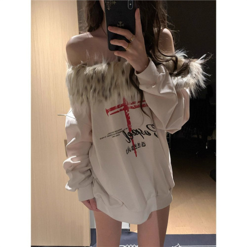 American retro one-shoulder fur collar detachable sweatshirt for women, loose design, versatile long-sleeved temperament top, trendy