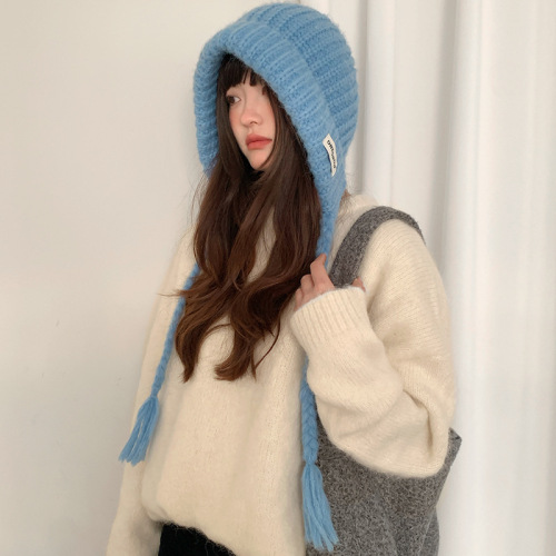 Blue ear protection balaclava hat for women in winter autumn and winter new style large head circumference warm knitted woolen hat red