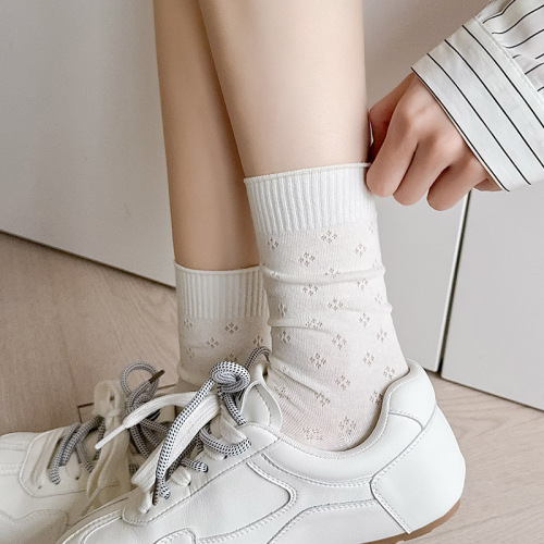 Japanese Pure Color Spring and Summer Thin Hollowed Out Cylindrical Cotton Socks Sweat Absorption Breathable Fashionable Versatile Women's Mesh Pile Long Socks 