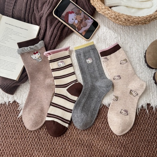 Japanese cute cartoon double bubble mouth cat embroidery socks for girls, contrasting striped polka dot crew socks, bumpy socks