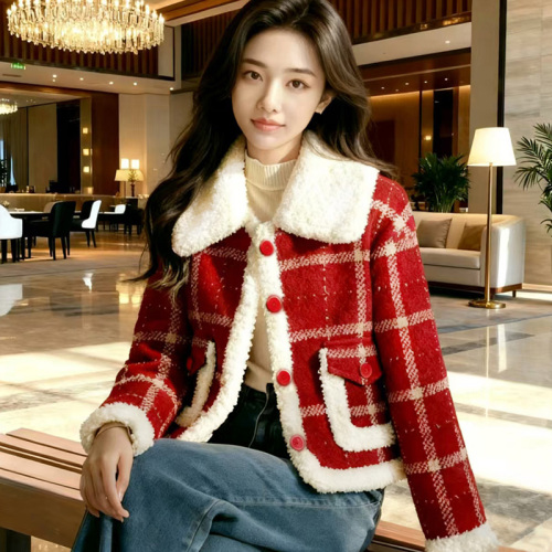 Red Shearling Hooded Coat for Women - Winter New Arrival, Chunky Fleece Lining, Petite Fashion Short Sleeve Top