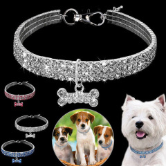 3-row Rhine stone elastic pet collar dog leash cat crystal collar pet supplies small dog accessories tag
