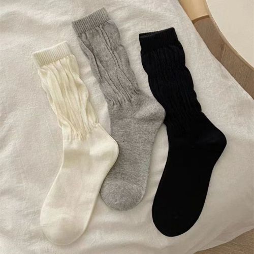 Socks Girl Knee-High Socks Spring and Autumn Season Japanese Korean Academy Style Solid Color Twisted Socks Loose Ribbed Edge Cross-Border Pile Socks