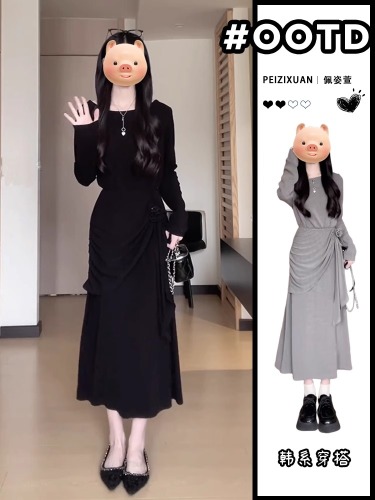 Designer-inspired irregular black long-sleeve women's dress for early autumn 2025, new style with temperament, petite, fitted short skirt