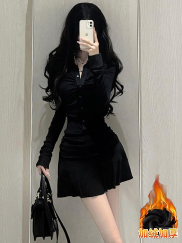 American Polo Collared Fleece Thicken Dress Pure Desire Sexy Pleated Sporty Fitted Waist Slimming Short Skirt