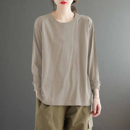 Fat MM cover the abdomen women's clothing hide meat spring and autumn season long sleeve base shirt creative single color versatile casual literary T-shirt