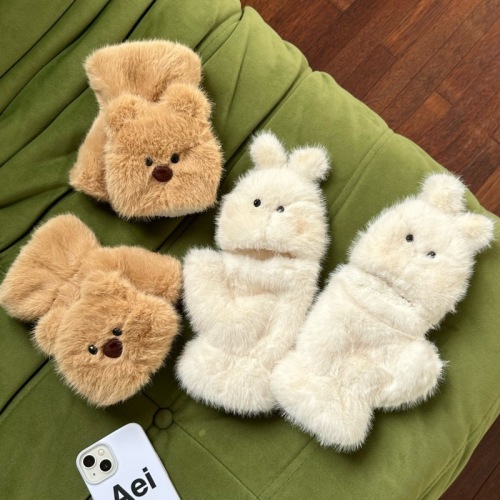 Cute Bear Fleece Half-Finger Foldable Gloves for Women - Winter Student Writing, Cycling, Windproof, Coldproof, Warm and Cozy Cotton Gloves