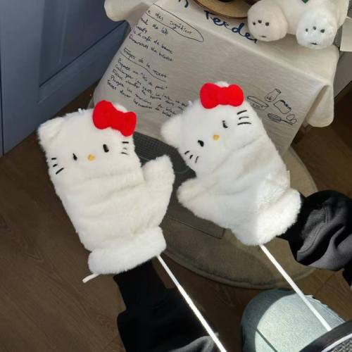 Cute Cat Half-Finger Foldable Fuzzy Mittens for Women, Autumn and Winter Warmth, Fleece Lined and Thickened, Student Cycling Cold-Proof Gloves