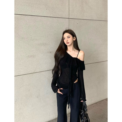 Chenling【Impulse Style】Early Autumn Black One-Shoulder Long-Sleeve T-shirt Women's Unique Design Off-the-Shoulder Top