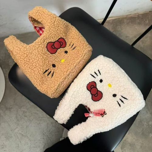 Cute autumn and winter Kitty cat handbag lambswool wrist bag plaid bag cartoon work commuting small bag