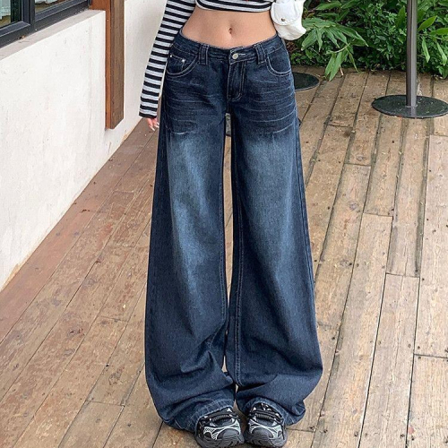 Retro Deep Blue Gray Wide Leg Women's Autumn New Slimming Hot Girl Cat Fur Pattern Loose Low Rise Straight Leg Pants