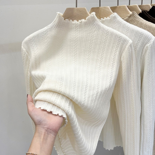 Fungus edge knitted sweater half turtleneck bottoming shirt for women with white bottoming sweater for women spring and autumn new top