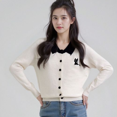 Core yarn autumn/winter new cat embroidery unique and beautiful stylish stand-up collar knit sweater long-sleeved women's top