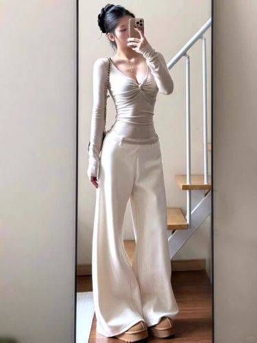 Guangzhou Cotton Velvety 260g Face Fabric, Pure Desire Hot Girl V-Neck Knot Base Shirt, Long Sleeve Top, Instagram Style