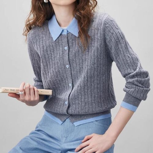 Andi Wool Korean Style Fashion Cuffed Fringe Silk-Flax Sheen Cotton Knit Plaid Heart Button Cardigan Top