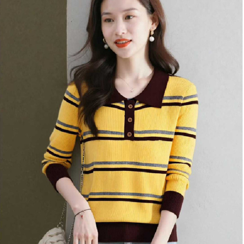 Core-woven fabric, Korean-style versatile fashionable academic-style polo collar color-blocked striped core-woven knit long-sleeved top