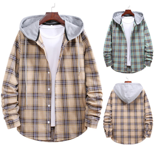 EBAY Fall Plus Size Loose Fit Men's Hooded Plaid Print Shirt Couple's Shirt