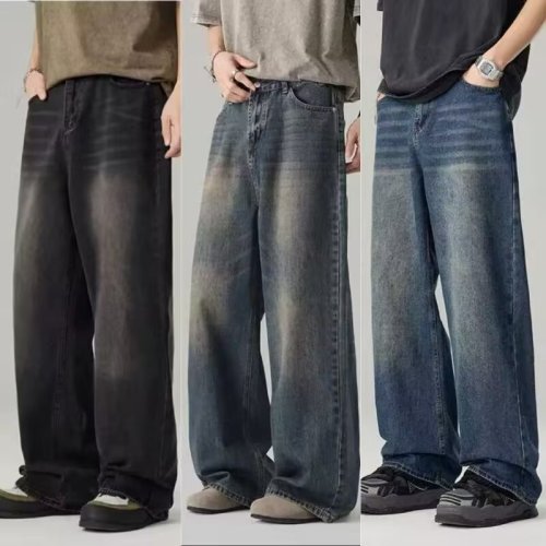 Vintage American-style jeans for men, 2025 summer new trendy brand high street, washed, distressed, loose wide-leg straight-leg pants