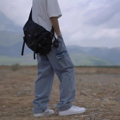Trendy Japanese-style built-in belt cargo pants blue jeans men's loose-fitting versatile wide-leg straight-leg casual pants