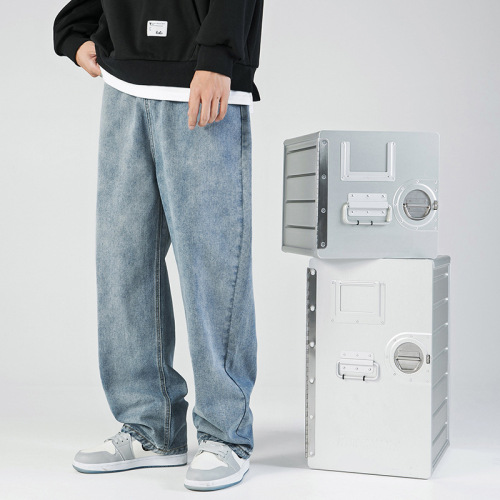 Japanese-style menswear for HANLU: 2025 Spring New Simple Solid Color Jeans for Men - Washed Relaxed Straight Leg Long Pants