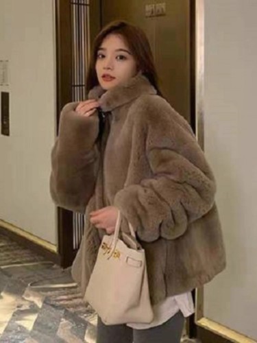2025 New Lamb Wool Women's Autumn/Winter Fleece Jacket Thick Loose Stand Collar Lazy Rabbit Plush Fake Off-Season Fur