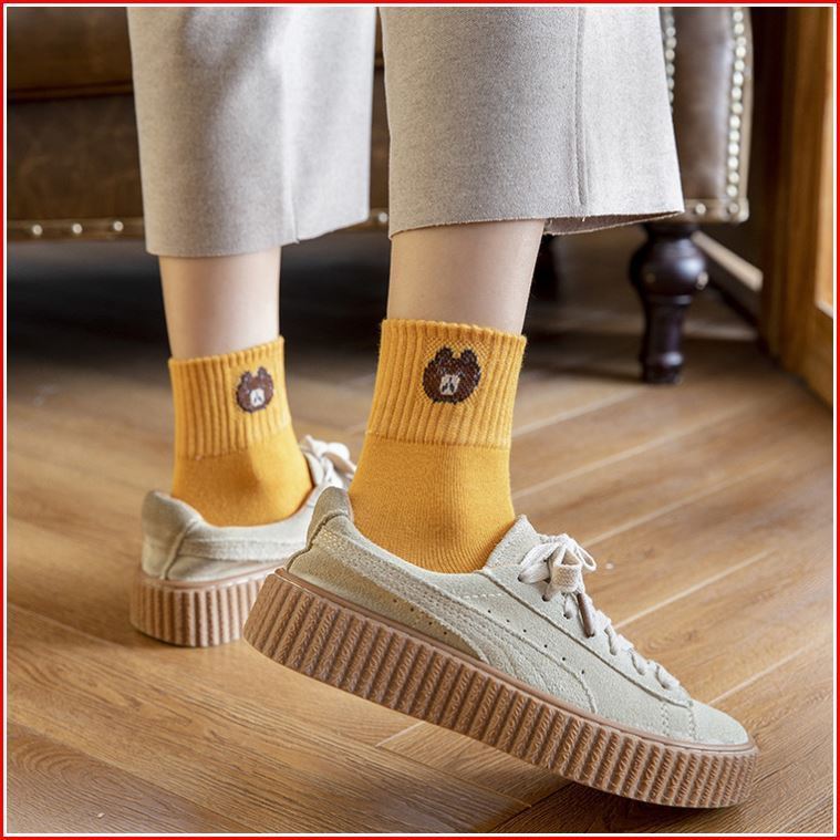 Women's Knee-High Socks Trendy Autumn/Winter Bear Cotton Socks Solid Color Anti-Odor Matchable Ladies Socks 10 Colors Factory Wholesale