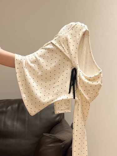 【Threaded Denim 270g】Korean-style Full Print Polka Dot Bowknot Long-Sleeve Top for Women, Sweet and Gentle, Fitted Base Layer
