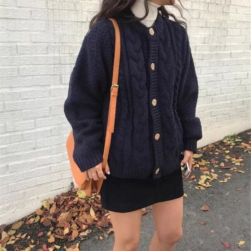 Cardigan for Women - Autumn/Winter Korean Style Loose Outerwear, Heavy Work Cable Knit, Thick, Slouchy Chic Long Sleeve Knitted Coat