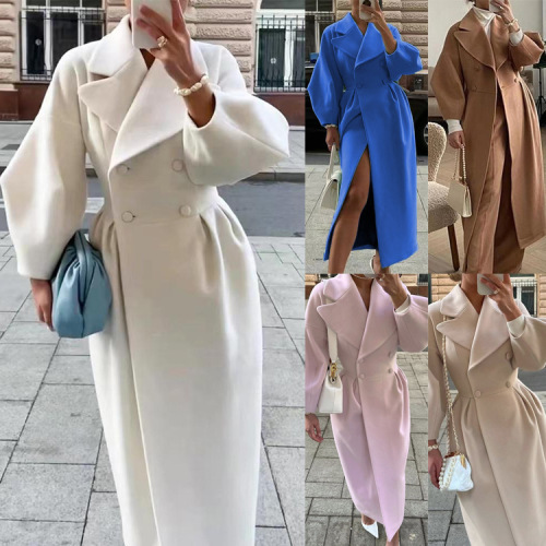 Independent station European and American autumn and winter retro palace style lantern sleeves large lapel woolen coat long coat