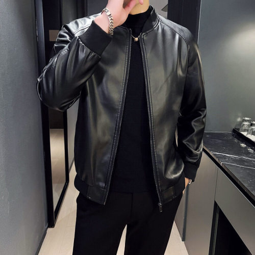 2025 Autumn/Winter New Men's Leather Jacket Thin Cardigan Zipper Design Work Long Sleeve Slim Stylish Solid Color