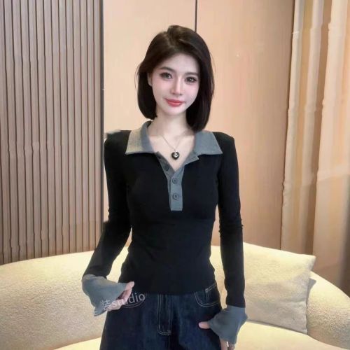 [Core-Spun Yarn] Sexy, Pure-Desire Style Polo-Neck Color-Block Long-Sleeved Base Layer Top for Women—New Autumn Slim-Fit, Figure-Slimming Design