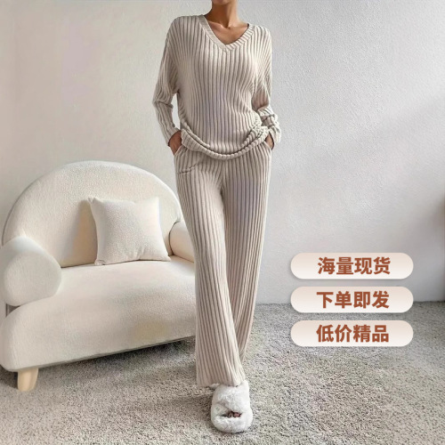 2025 Autumn Fashion Versatile Set Cross-border New Home Fashion Casual Straight Leg Quality Loose V Two-Piece Set