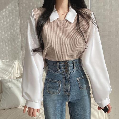 Large size fat mm fake two-piece T-shirt for women with spliced ​​POLO collar long-sleeved sweatshirt threaded loose versatile top