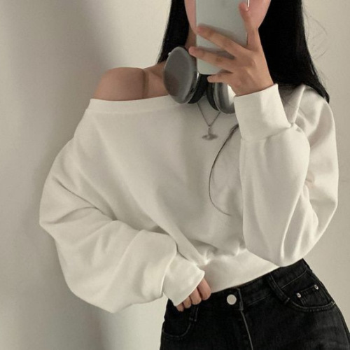 Chic temperament sexy pure desire one-shoulder shoulderless short-sleeved sweater women loose versatile long-sleeved solid color sweater women's fashion 