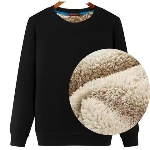 Lamb Fleece Hooded Sweatshirt for Men, Padded and Thick, No Hood, Pure Black, Warm Up Top for Men, Loose Fit, Round Neck, Winter