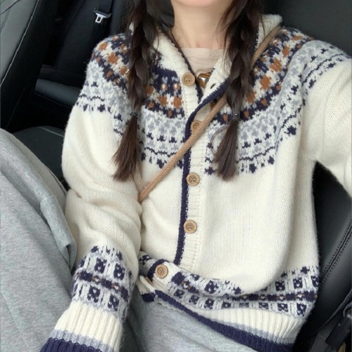 Sweet Style Fair Isle Embroidered Hooded Cardigan Women's 25th Autumn/Winter Retro Soft and Fluffy Knit Sweater Outerwear Top