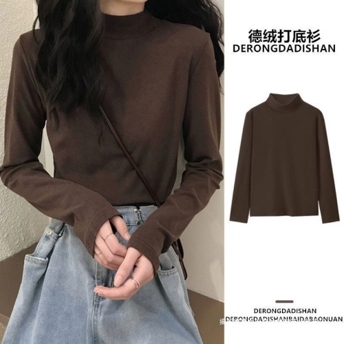 Deer velvet half-high collar base shirt women's inner wear autumn/winter new long-sleeved T-shirt slimming and warm outerwear