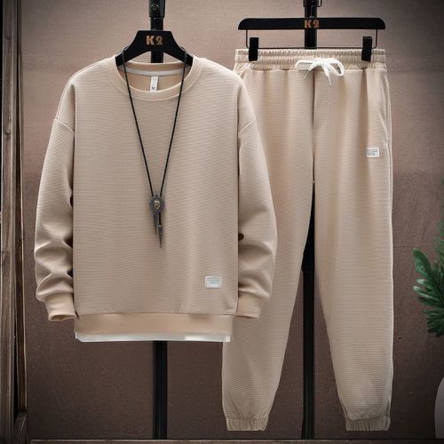 Cross-border wholesale 2024 new waffle print sweatshirt set for men autumn solid color long sleeve T-shirt and pants sports casual