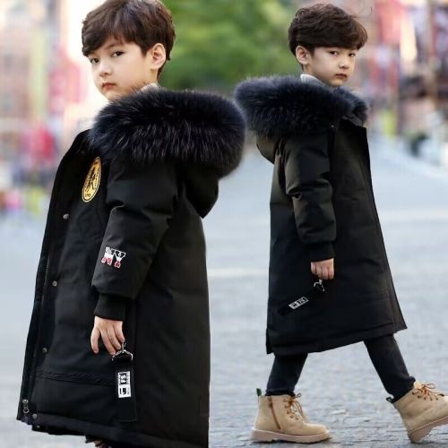 Winter New Boys' Cotton Jacket Korean Style Medium and Large Children's Medium and Long Length Warm Thicken Plush Collar Cotton Coat Outerwear Trendy