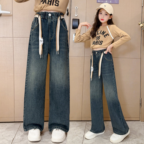 Women's Spring Outerwear Pants 2024 New Middle-Size Children's Leisure Straight Leg Wide Leg Long Pants Spring Children's Jeans