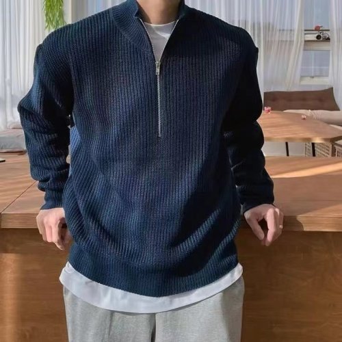 Spring and autumn loose and fashionable half-zip pullover sweater for men Hong Kong style versatile casual design stand-up collar sweater