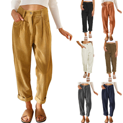 Women's Fall High-Waisted Casual Pants European and American Solid Color Corduroy Loose Straight Leg Pants